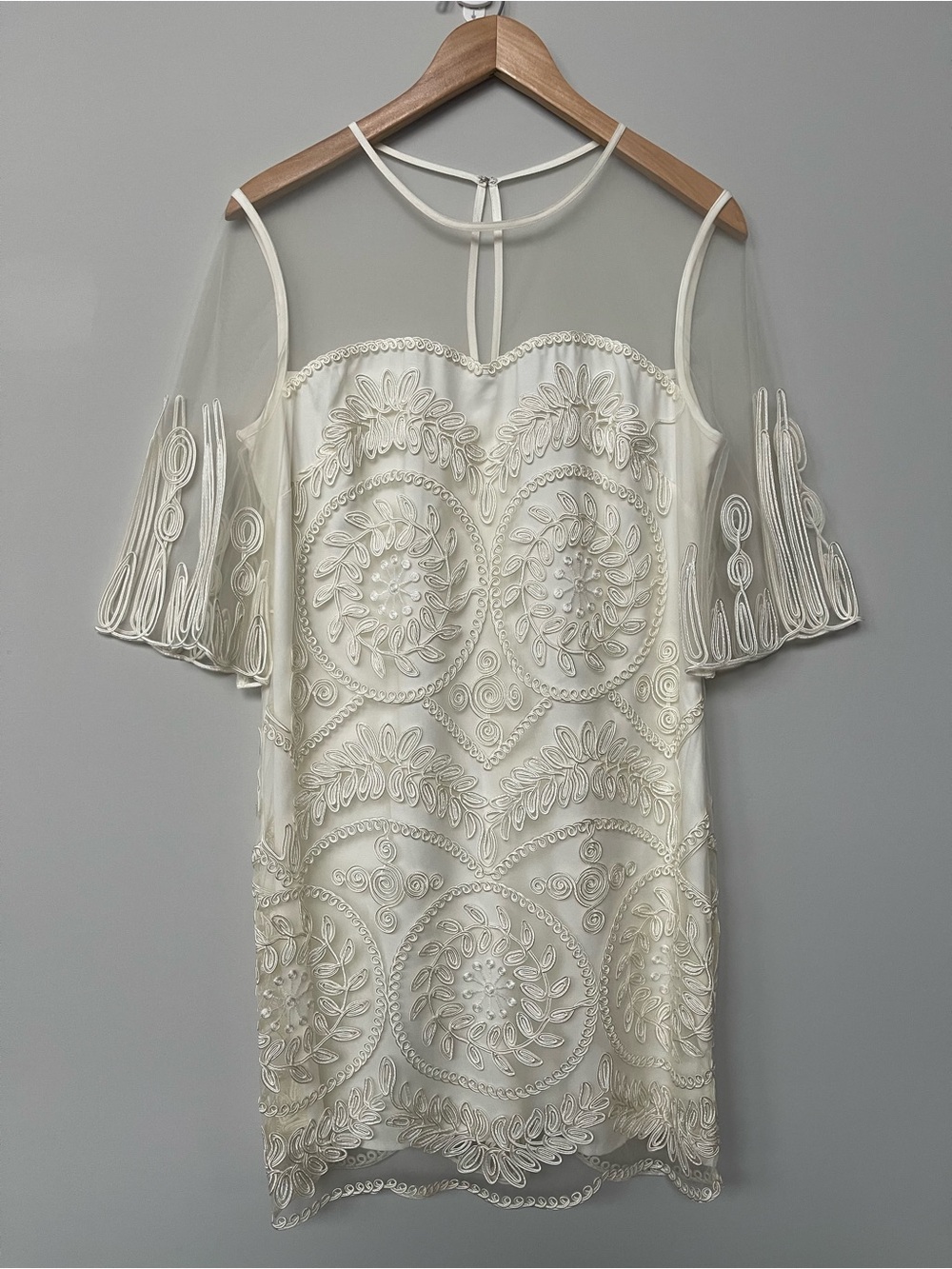 Belle by Badgeley Mischka | Ivory White Lace Embroidered Mini Dress Sheer Sleeve